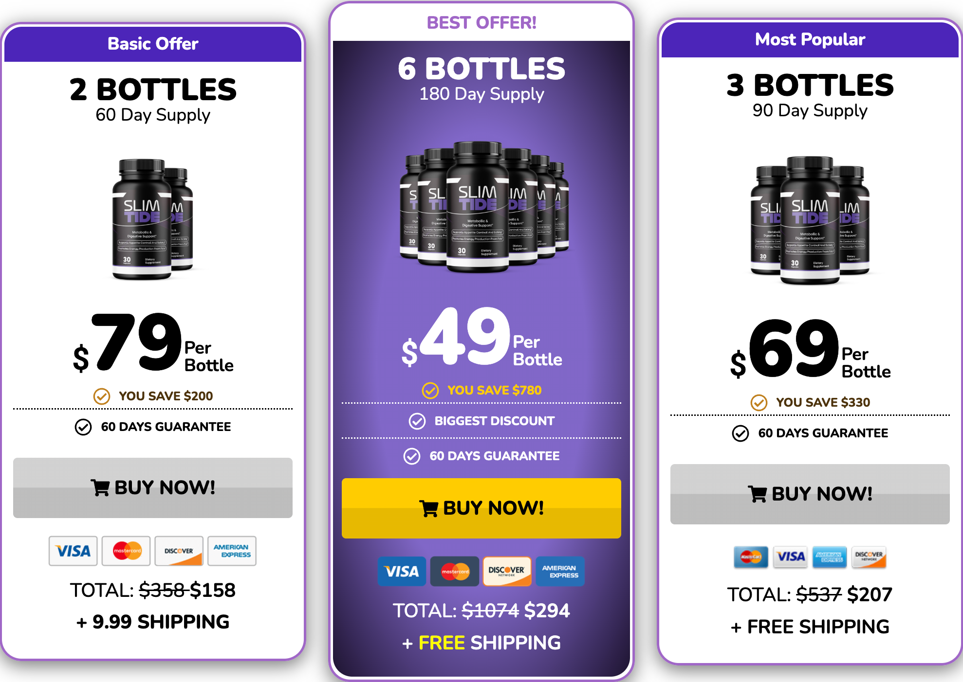 SlimTide pricing packages — 2 bottles, 6 bottles best offer, and 3 bottles most popular